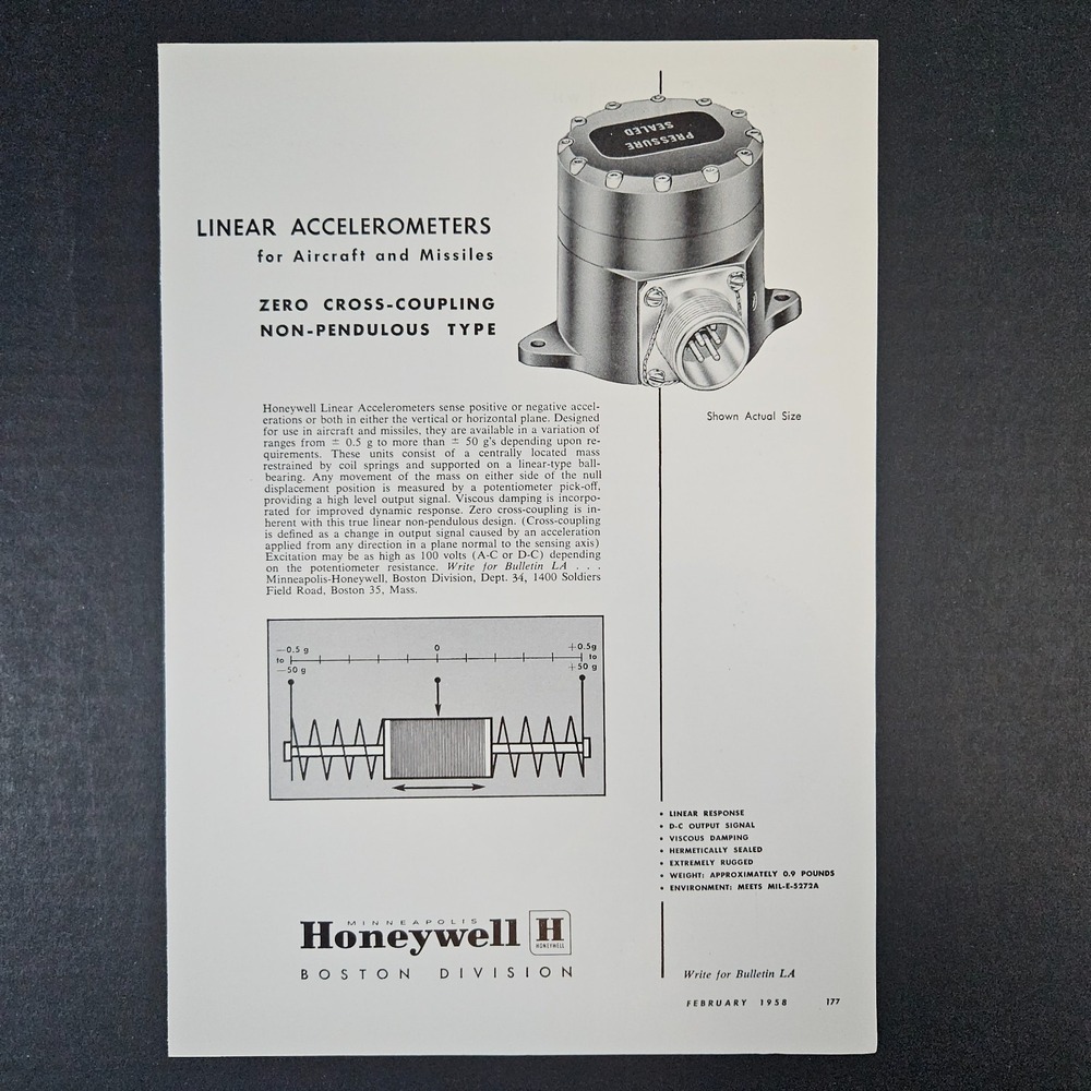 1958 Honeywell Boston Linear Accelerometers Aircraft & Missiles Vintage Print Ad